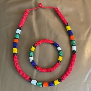 Handmade African Multicolored Beaded Choker Necklace & Bracelet Set